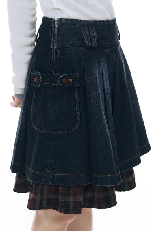 パッチワークレッドチェックデニムスカート
