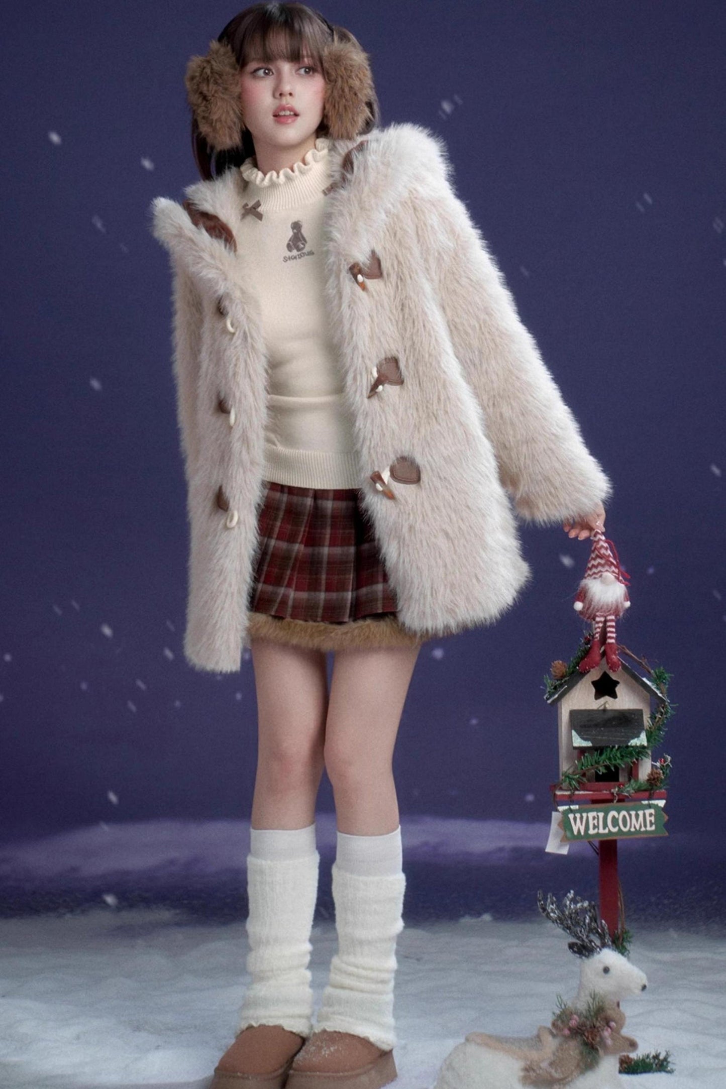 Check Fur Skirt + High Neck Top + Duffle Fur Coat