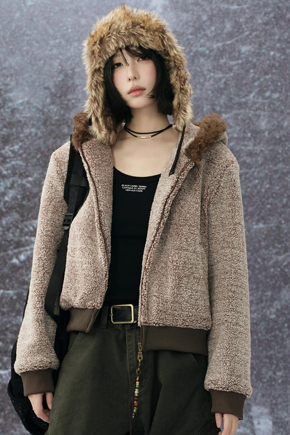 Wool Fur Collar Hooded Jacket