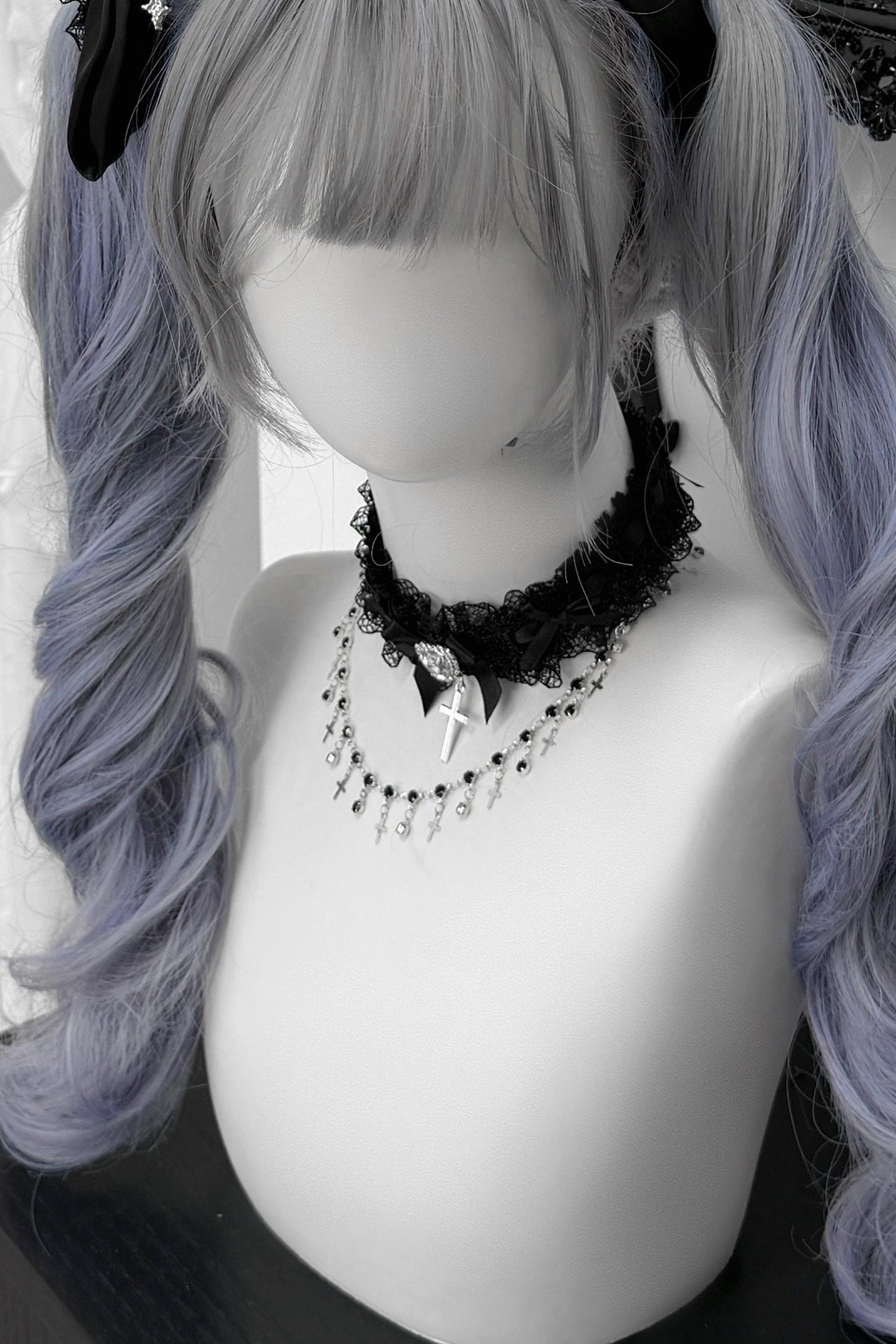 Lace Rhinestone Cross Heart Choker