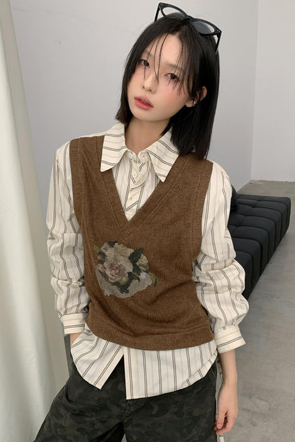 Fake Two-Piece Printed Blouse