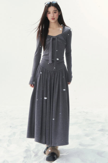 Gray Knit Waist Shaping French Dress