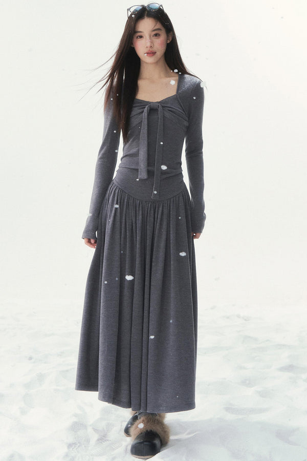 Gray Knit Waist Shaping French Dress