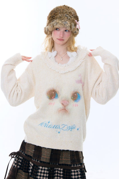 Retro Cat Plush Collar Sweater