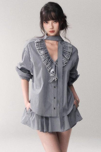 Blue Plaid Lace Blouse + Skirt