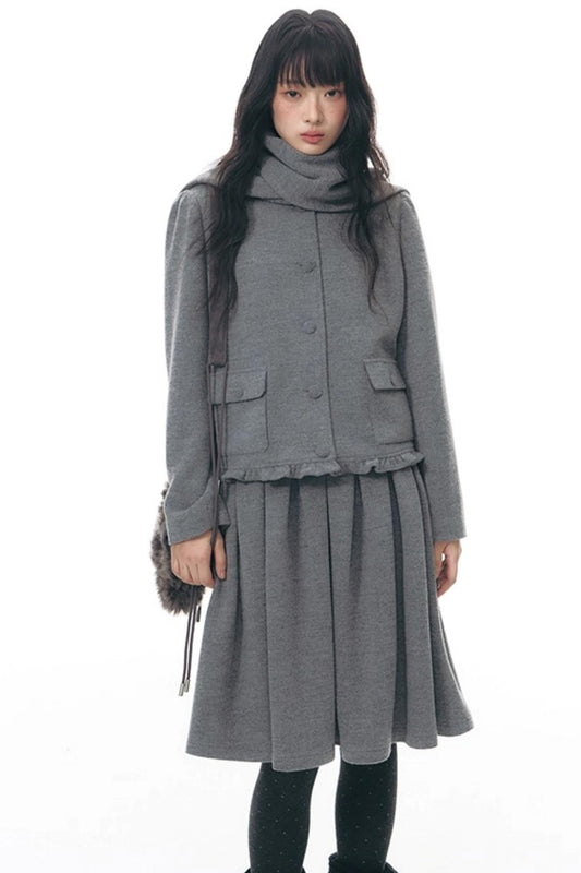 レトロトップス+プレッピープリーツスカート+スカーフ