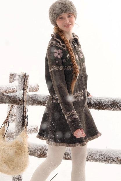 ポニーデザインジップニットトップス+ニットスカート