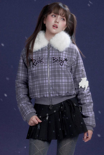 パープルチェックファーコラージャケット