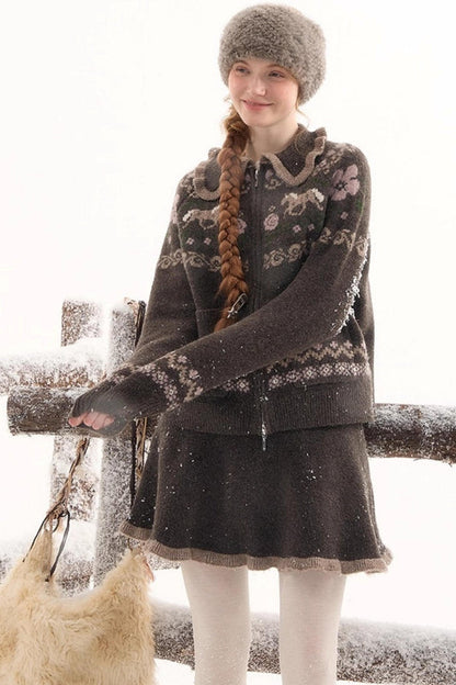 ポニーデザインジップニットトップス+ニットスカート