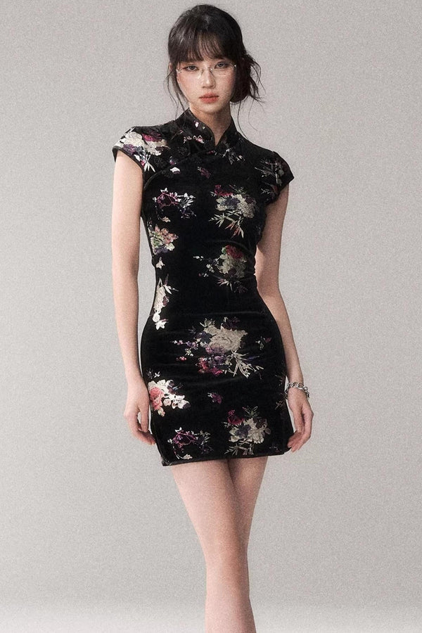 Gold Embellished Velvet Cheongsam Dress