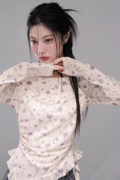 シアーアシメフローラルトップス