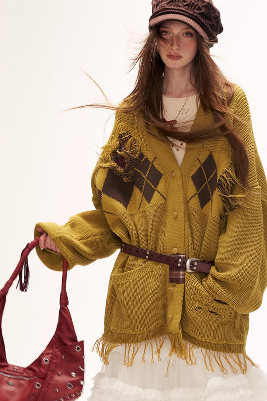 パッチワークタッセルニット