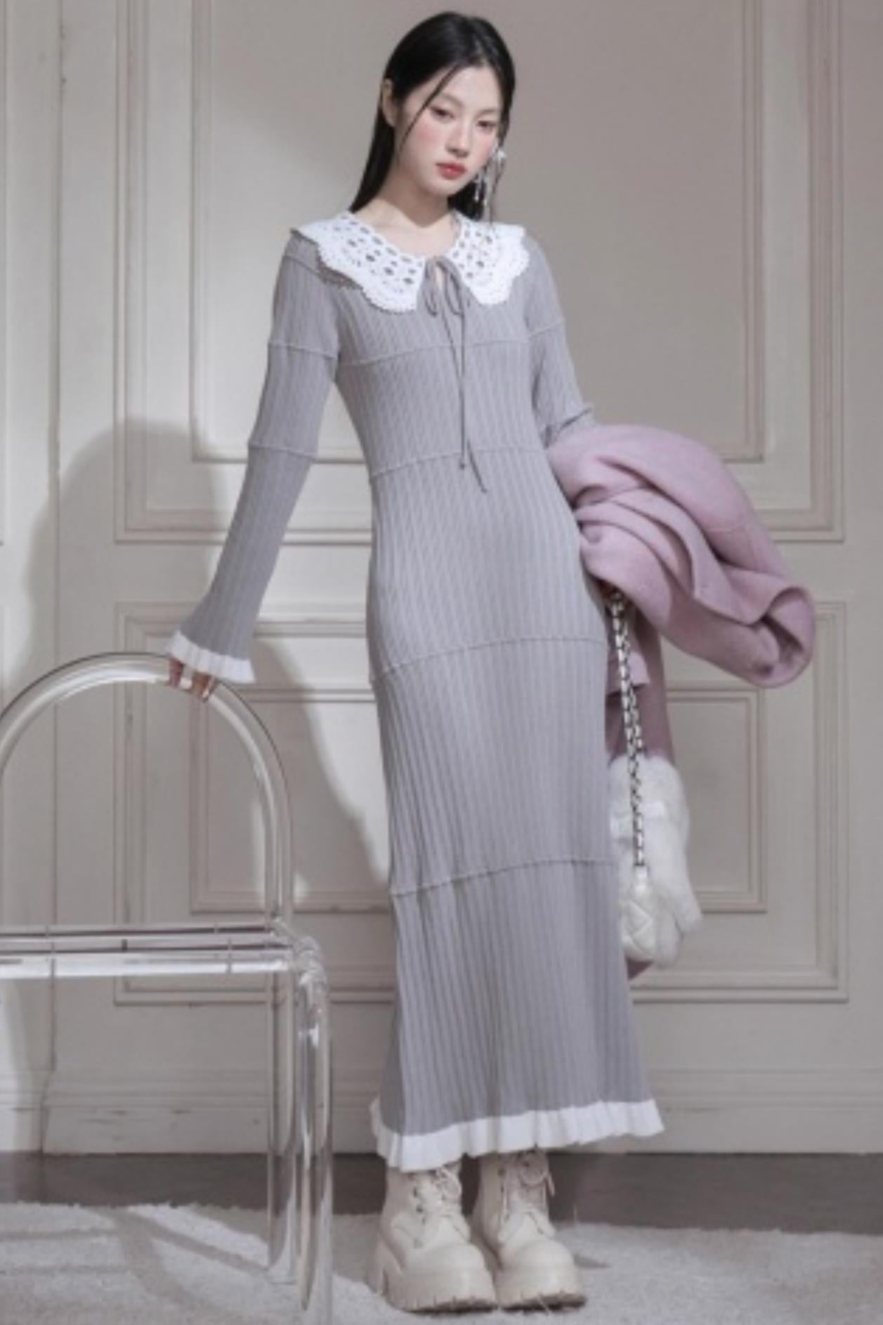 スーチュアンミストグレイフリルロングドレス