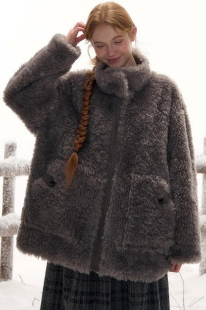 Reversible suede stand collar fur coat