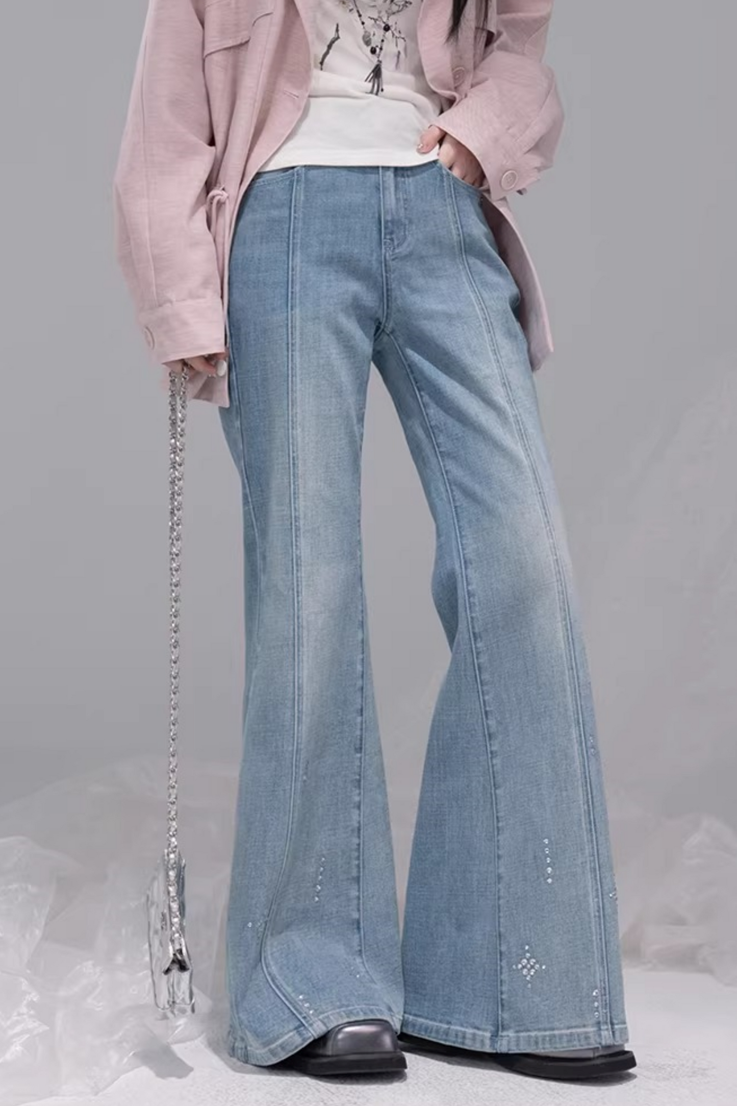 スターレイトブルーラインストーンフレアデニムパンツ