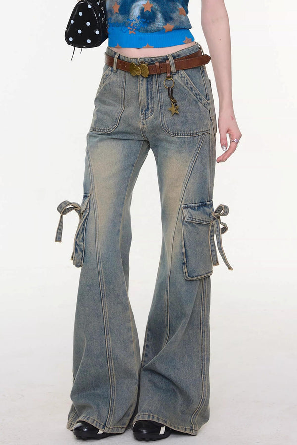Ribbon Osh Pocket Flare Denim Pants