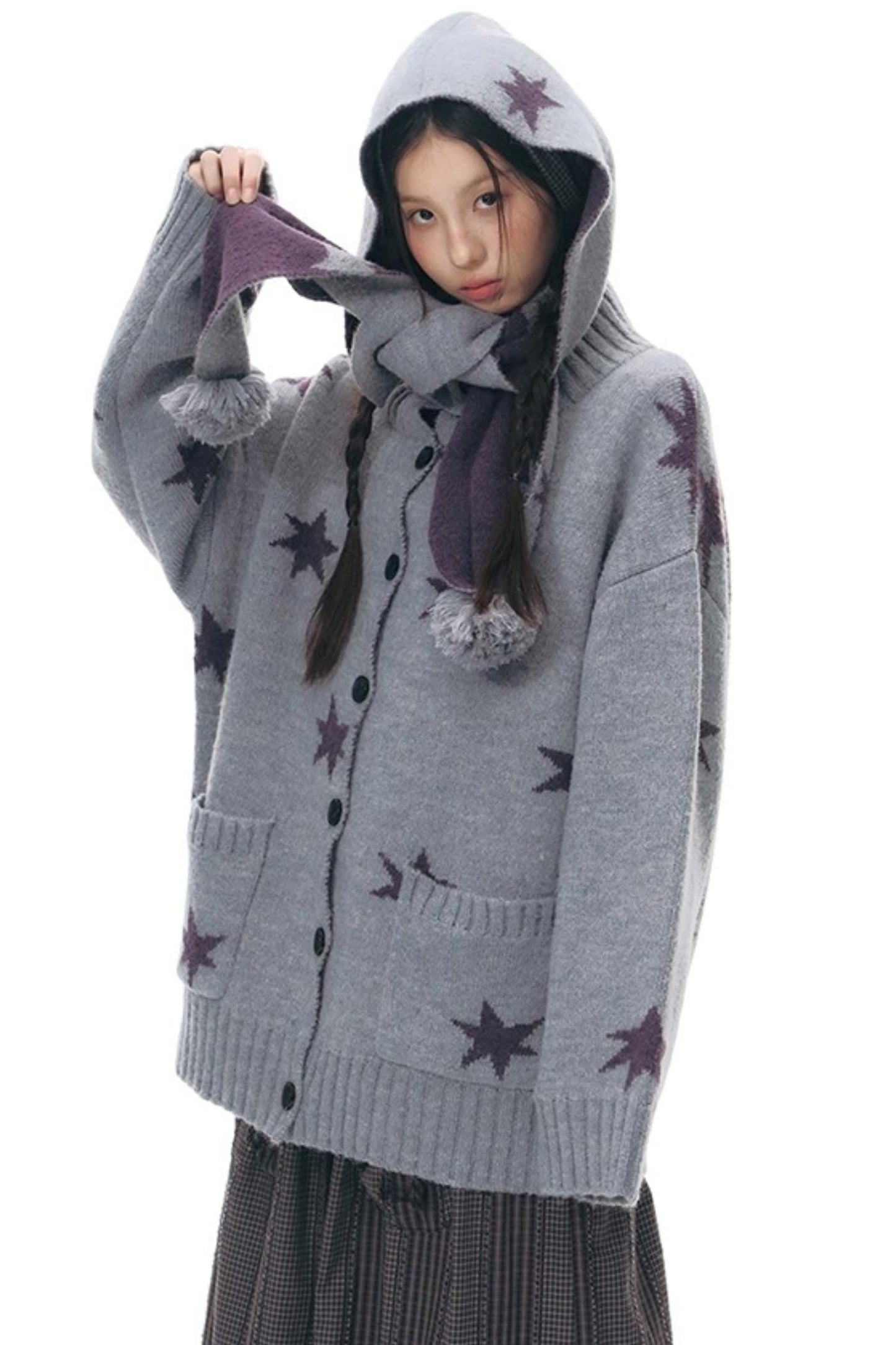 Reversible Star Cardigan + Fur Ball Hooded Scarf