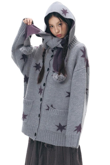 Reversible Star Cardigan + Fur Ball Hooded Scarf