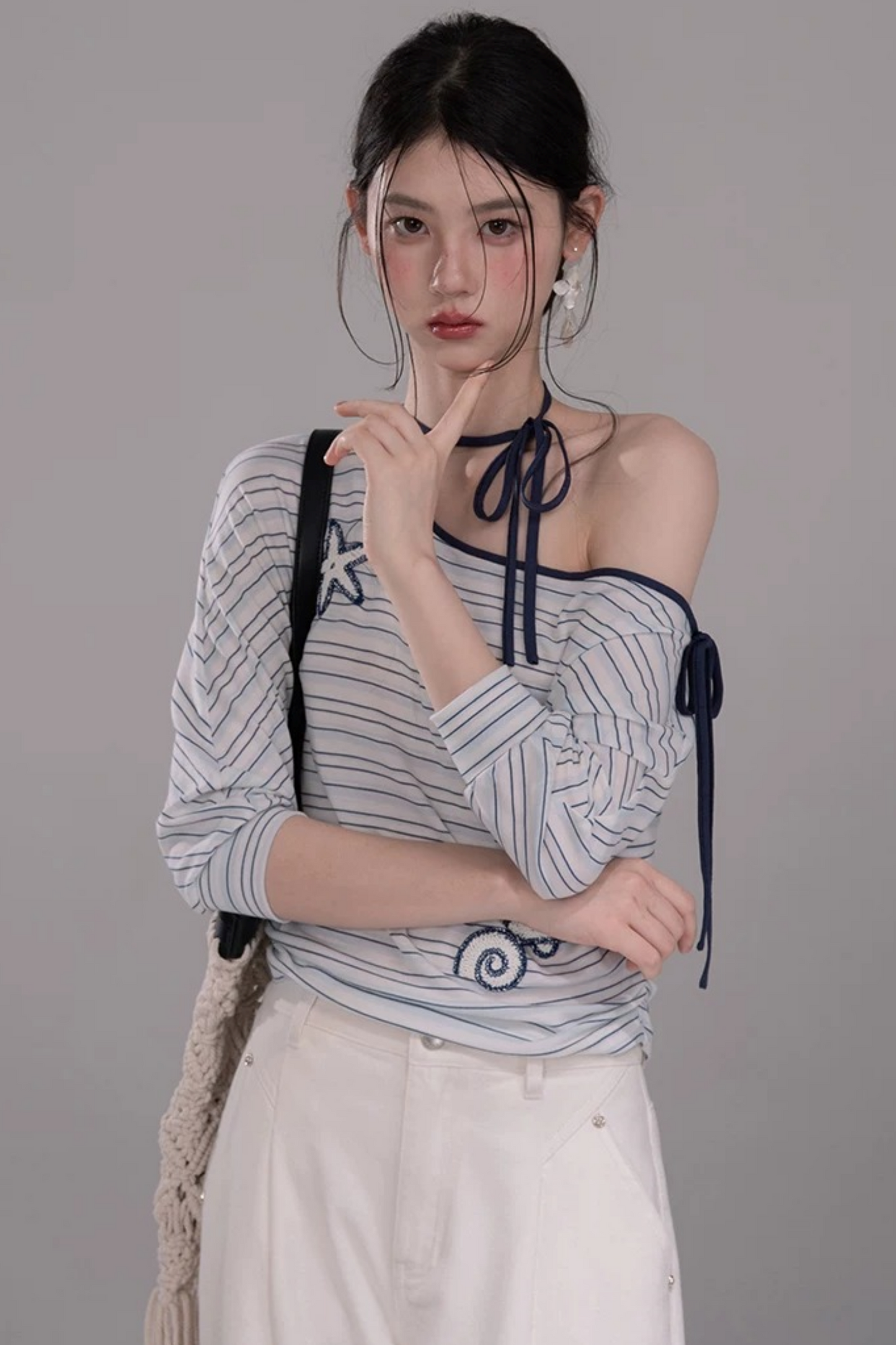 オフショルリボンスターフィッシュストライプTシャツ