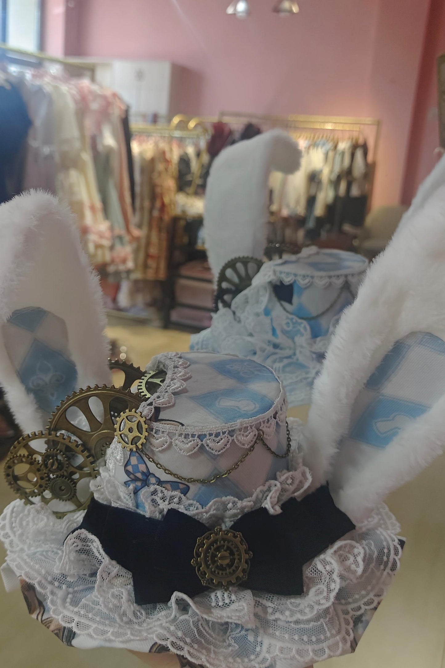 [Reservierungsschluss 30. Juni] Blaue x weiße Alice-im-Wunderland Sweet-Lolita-Accessoires-Serie (Hasenohren-Hut, Hasenohren-Haarreif, Halsband, Taschenuhr-Brosche, rückseitige Schleppen-Schleife, Handgelenkstulpen)
