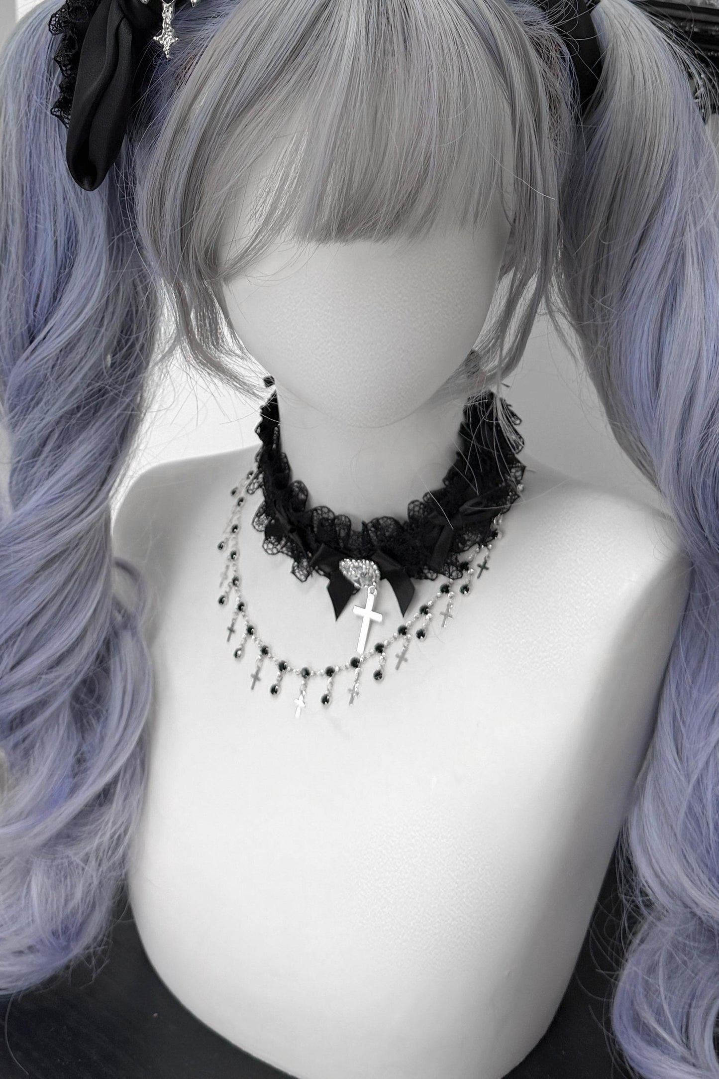 Lace Rhinestone Cross Heart Choker