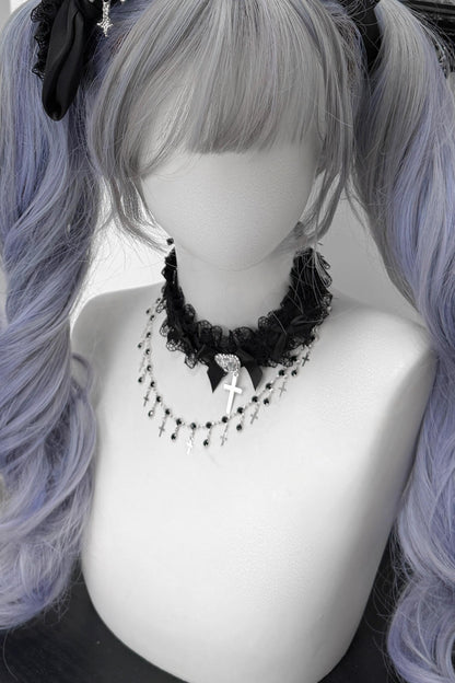 Lace Rhinestone Cross Heart Choker