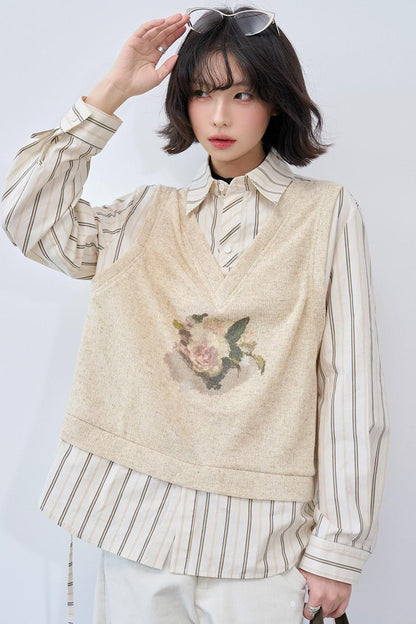 Fake Two-Piece Printed Blouse