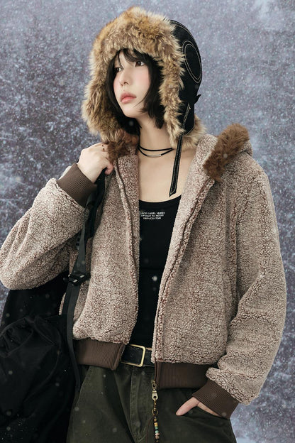 Wool Fur Collar Hooded Jacket