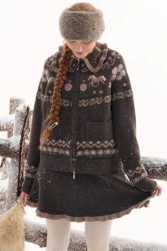 ポニーデザインジップニットトップス+ニットスカート