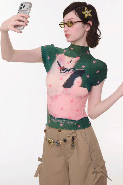 Sweet Cat Print Top
