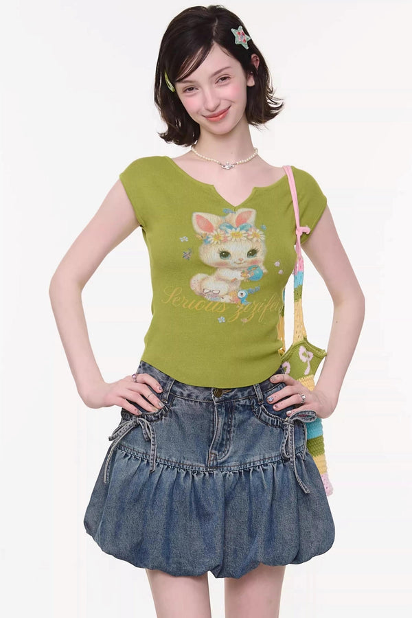 Green Rabbit Print V-Neck Top