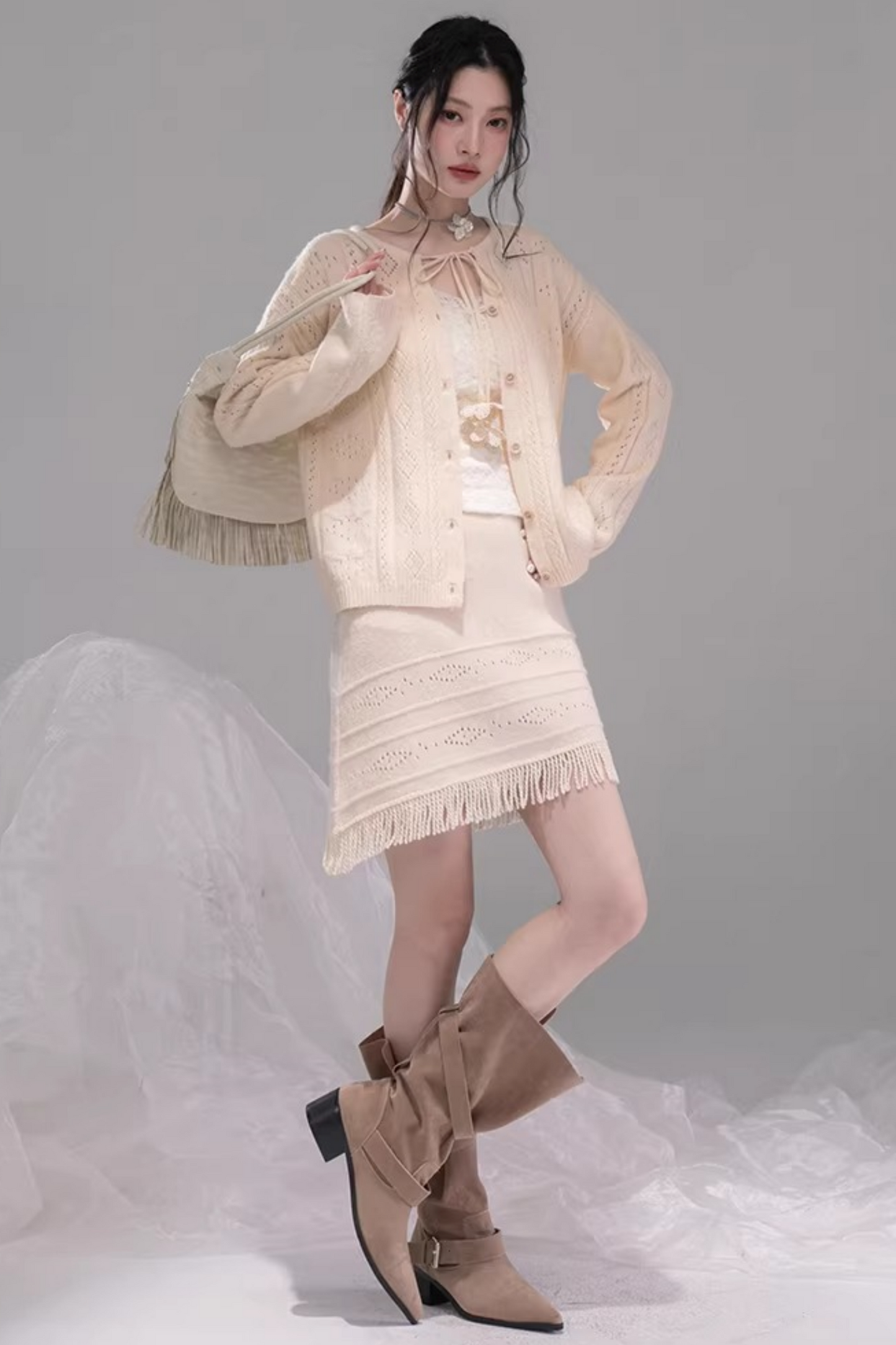 クロシェカーディガン+スカート