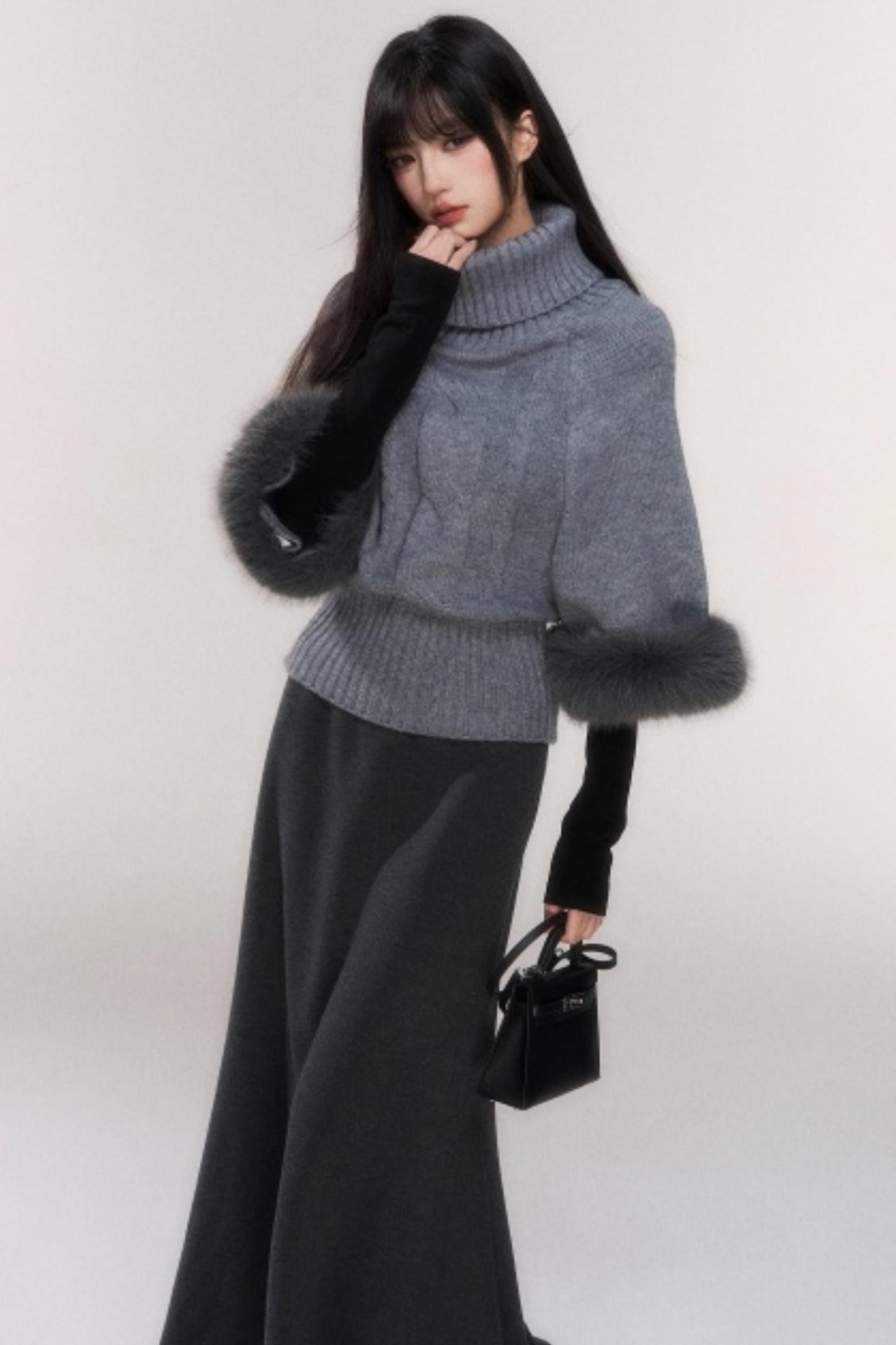 Gray Knit Twist Cape Sweater