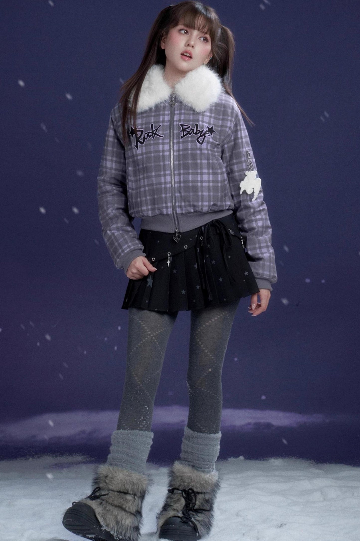 Purple Check Fur Collar Jacket