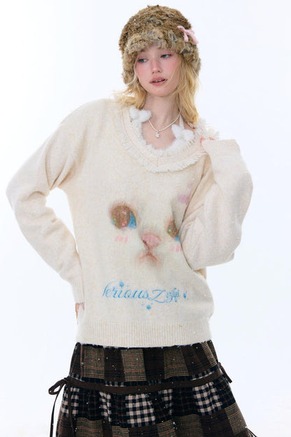 レトロキャットプラッシュカラーセーター