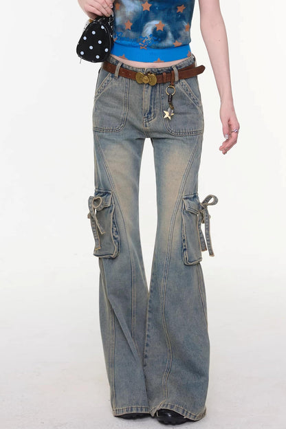 Ribbon Osh Pocket Flare Denim Pants