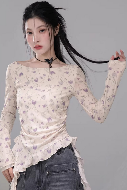 シアーアシメフローラルトップス