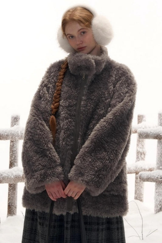 Reversible suede stand collar fur coat
