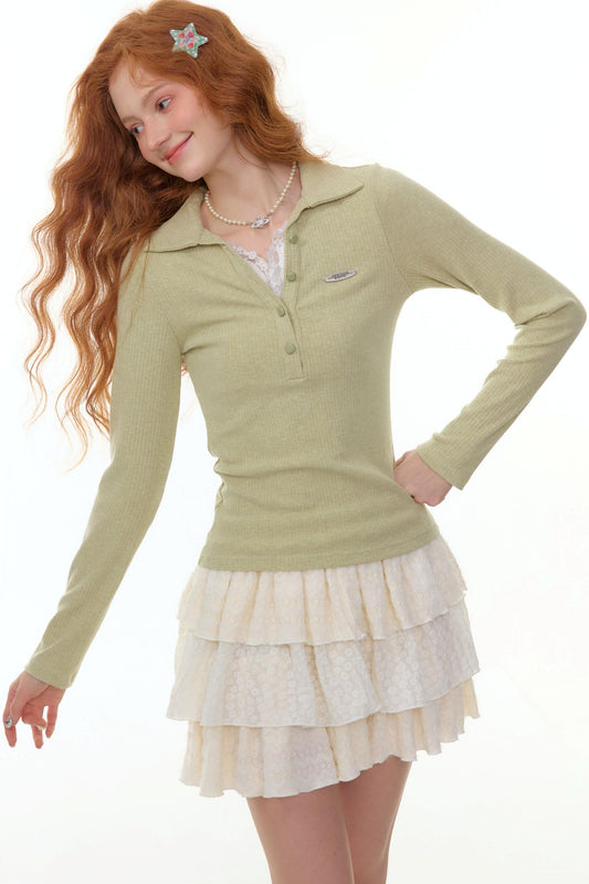 レースニットポロトップ