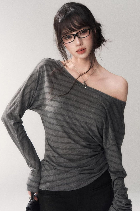 条纹天丝露肩上衣