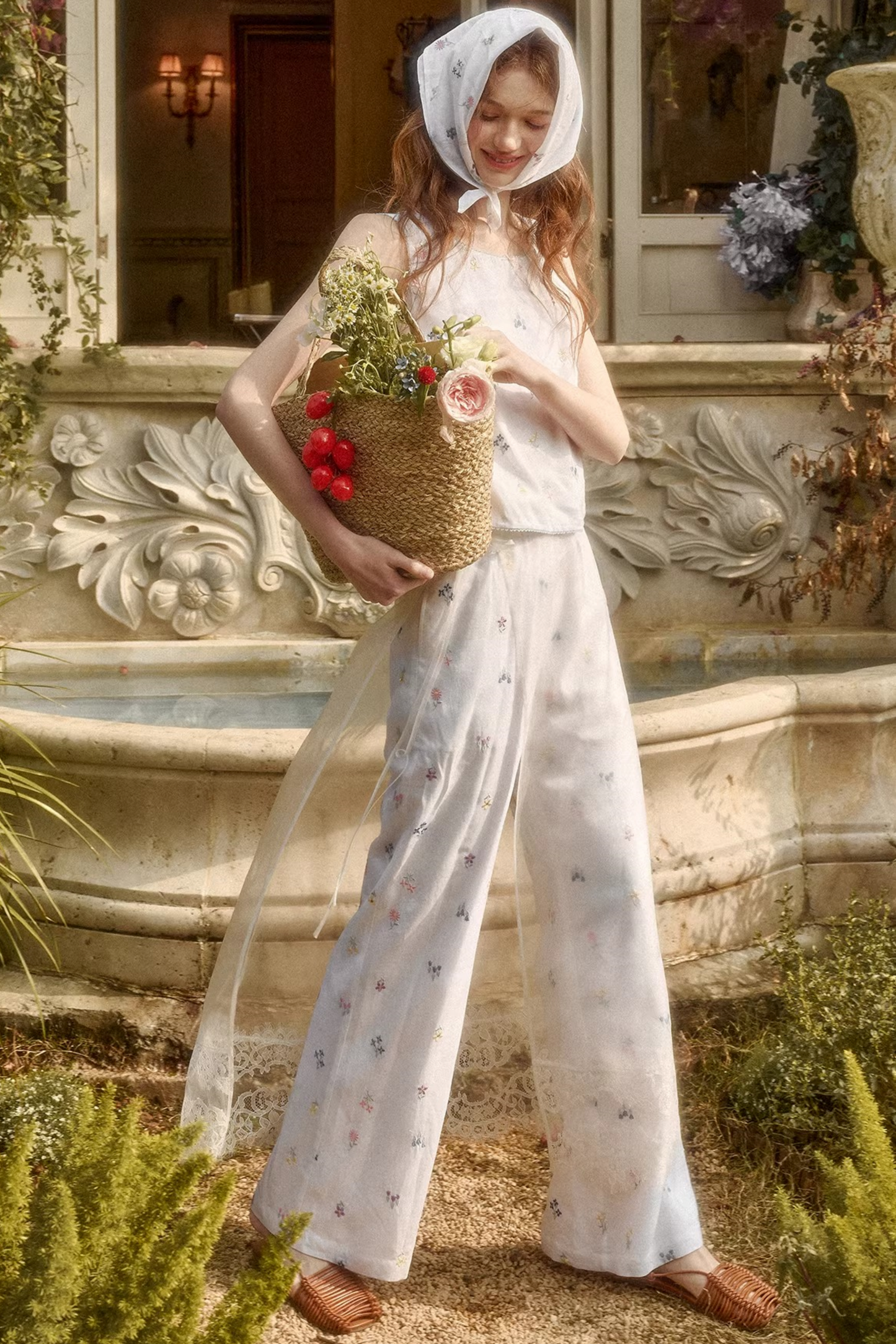 レトロフラワードレス+トップス+パンツ+カーテン+スカーフ