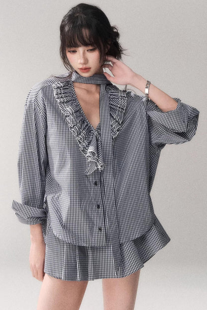 Blue Plaid Lace Blouse + Skirt