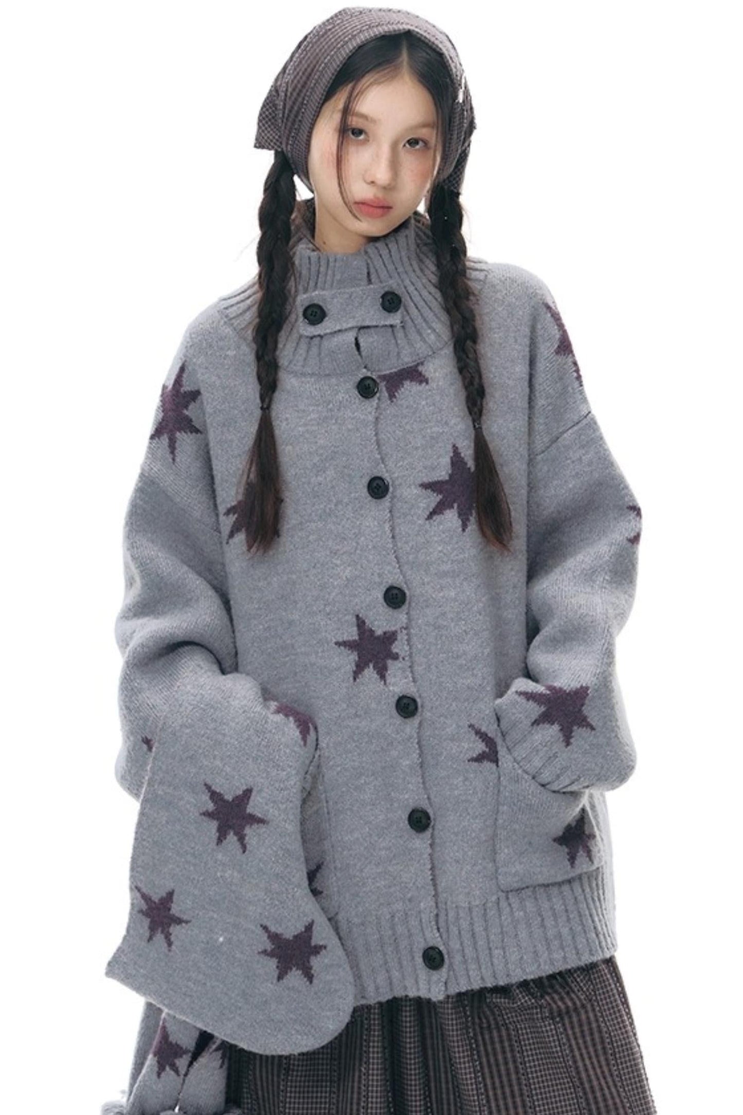 Reversible Star Cardigan + Fur Ball Hooded Scarf