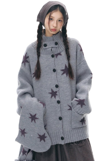 Reversible Star Cardigan + Fur Ball Hooded Scarf