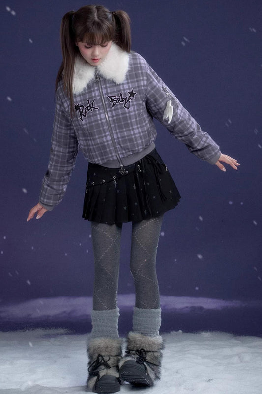 パープルチェックファーコラージャケット