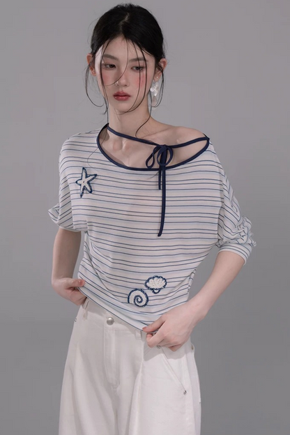 オフショルリボンスターフィッシュストライプTシャツ
