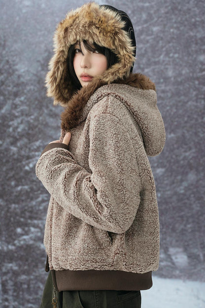 Wool Fur Collar Hooded Jacket