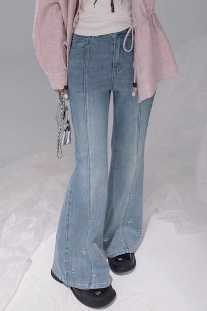 スターレイトブルーラインストーンフレアデニムパンツ