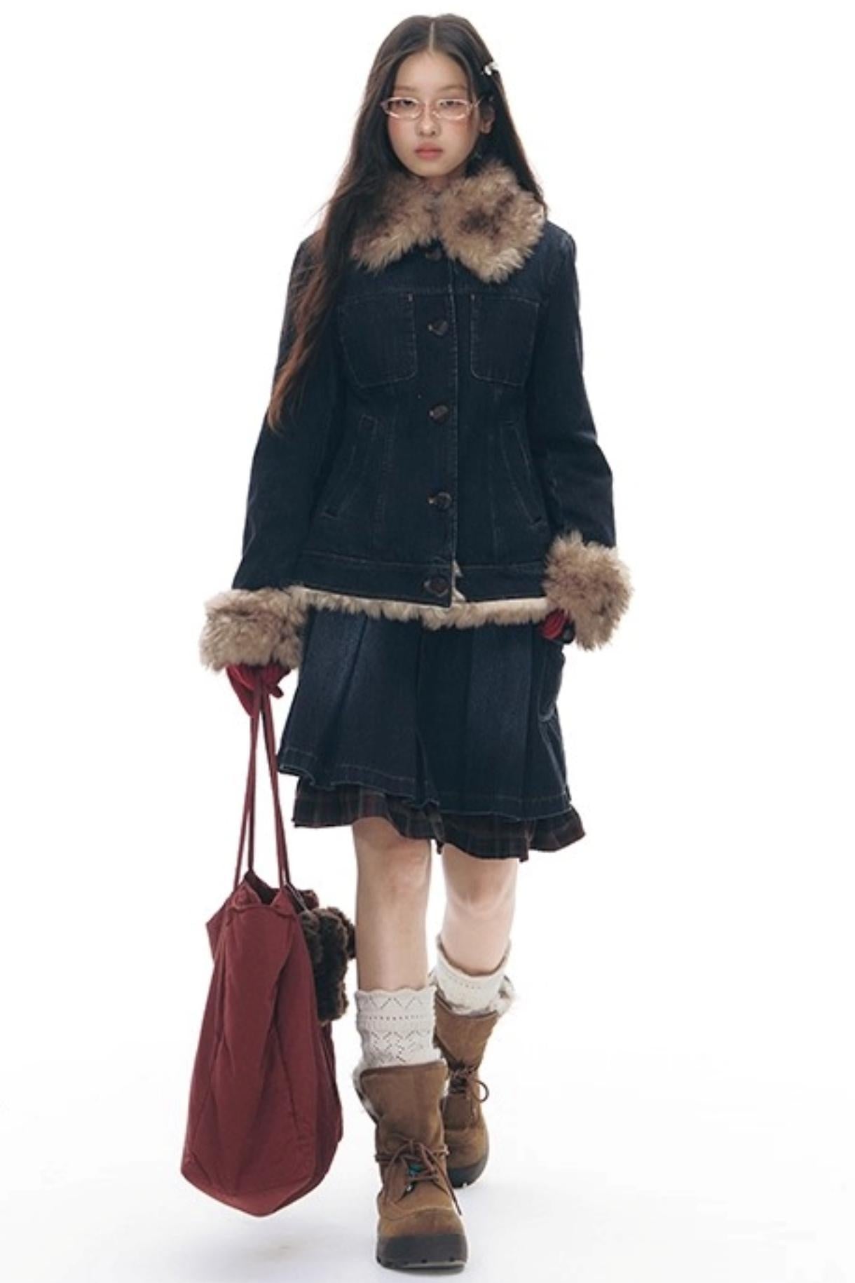 ファーカラーデニムジャケット+スカート