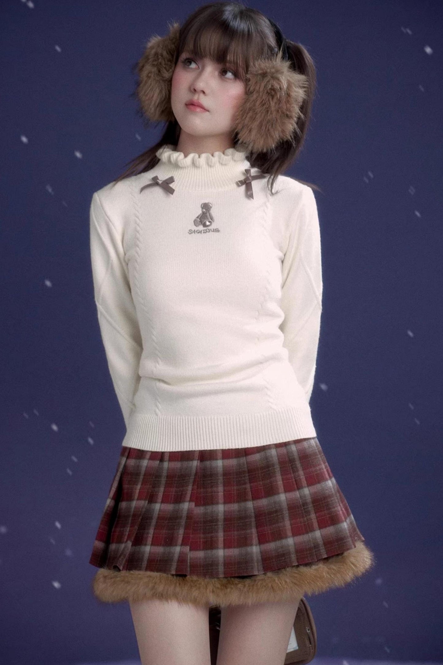 Check Fur Skirt + High Neck Top + Duffle Fur Coat